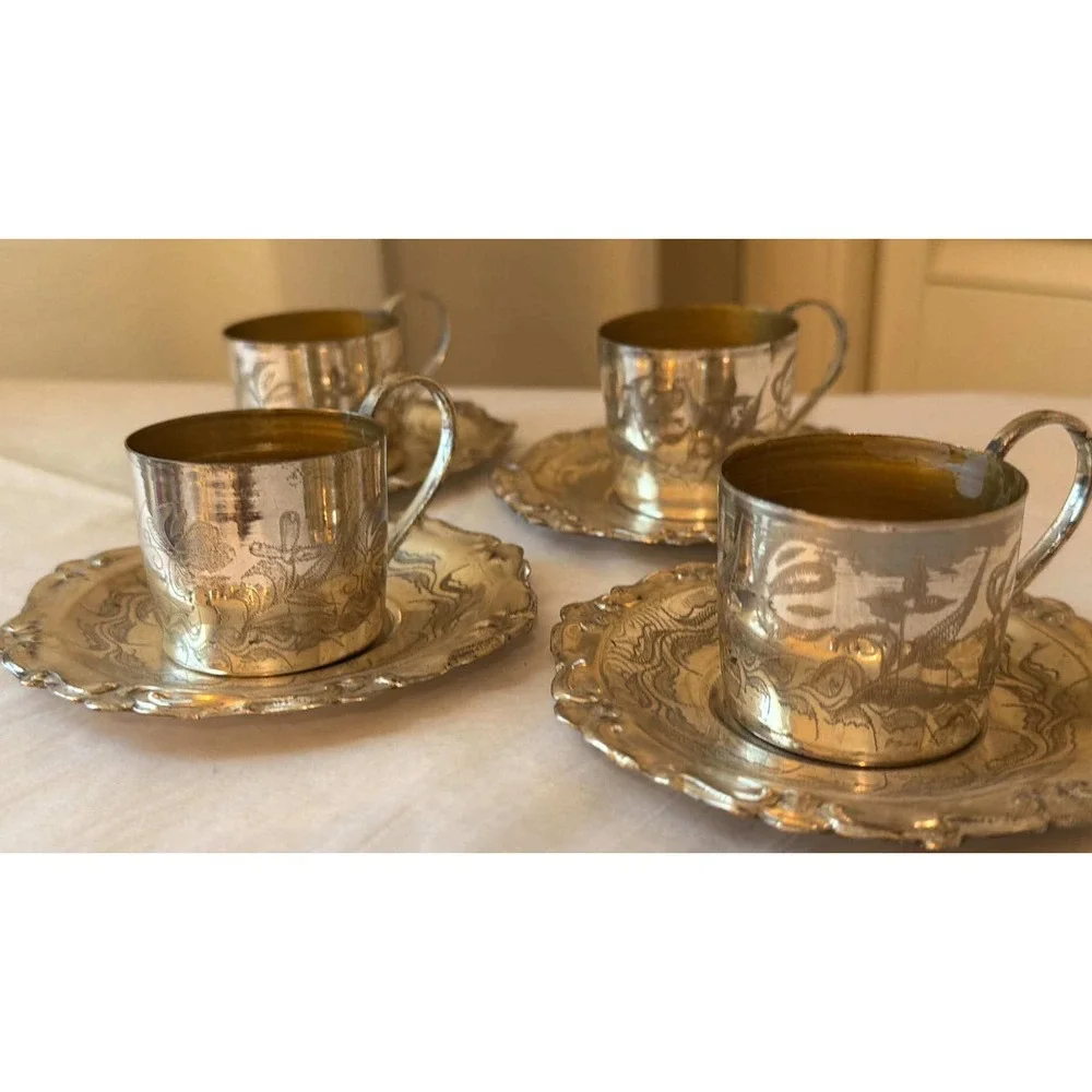Vintage Tea Glass Holder and Saucer Set of 4 Silver Tone Etched Floral Ornate